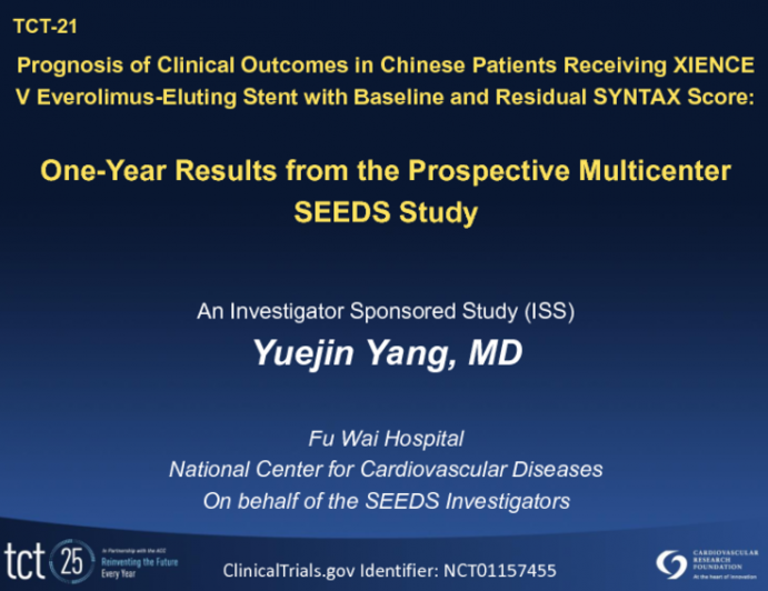 TCT-21. Prognosis of Clinical Outcomes in Chinese Patients Receiving XIENCE V Everolimus-Eluting Stent with Baseline and Residual Syntax Score: One-Year Results from the...