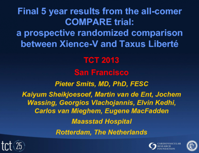 TCT-13. Final Five Year Results From The All-comer COMPARE Trial: A Prospective, Randomized Trial of Everolimus-Eluting vs. Paclitaxel-Eluting Stents