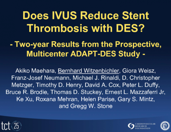 TCT-68. Does IVUS Reduce Stent Thrombosis with DES? Two-year results from the prospective, multicenter ADAPT-DES study