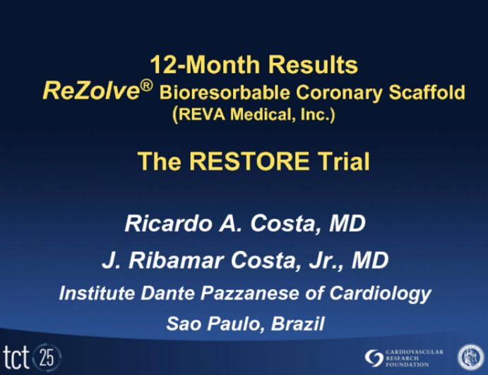 TCT-39. 12-Month Angiographic and Clinical Results of the ReZolve® Sirolimus-Eluting Bioresorbable Coronary Scaffold: The RESTORE trial