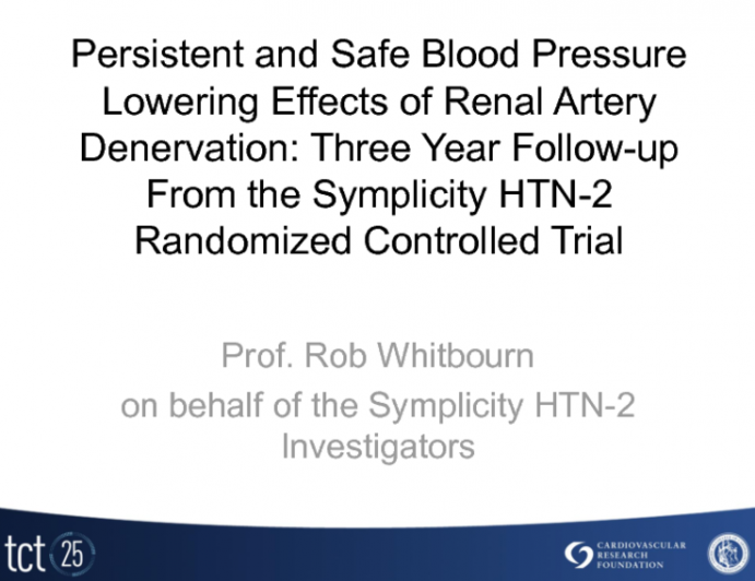 TCT-58. Persistent and Safe Blood Pressure Lowering Effects of Renal Artery Denervation: Three Year Follow-up From the Symplicity HTN-2 Trial