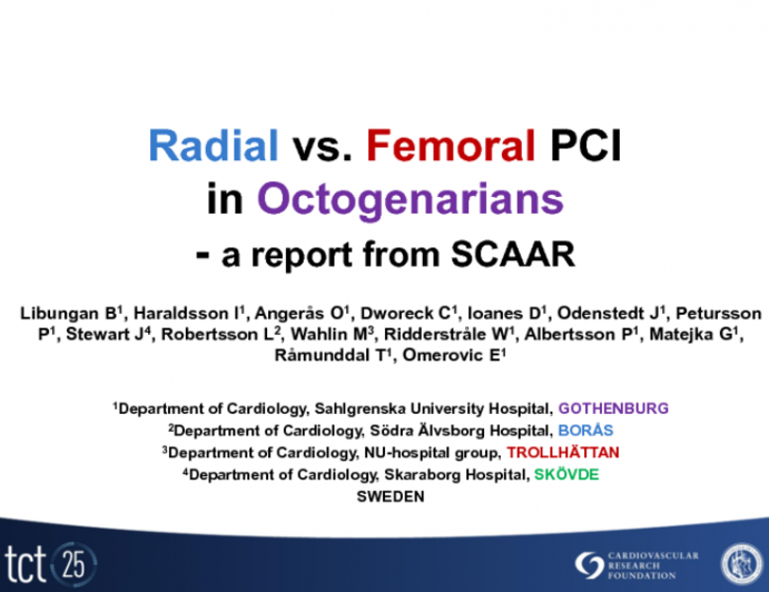TCT-46. Effects of Radial versus Femoral Accesses for Percutaneous Coronary Interventions in Octogerians with Acute Coronary Syndromes