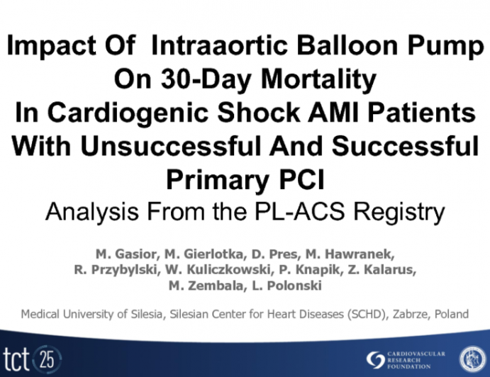 TCT-43. Impact Of  Intraaortic Balloon Pump On 30-Day Mortality In Cardiogenic Shock AMI Patients With Unsuccessful And Successful Primary PCI - Analysis From PL-ACS Registry