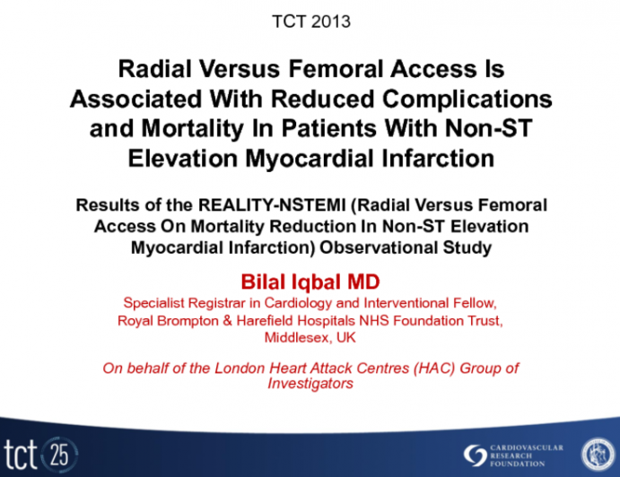 TCT-42. Superior Outcomes Associated With Radial Versus Femoral Access In Non-ST Elevation Myocardial Infarction: An Observational Cohort Study of 10,095 patients. Results Of Th...