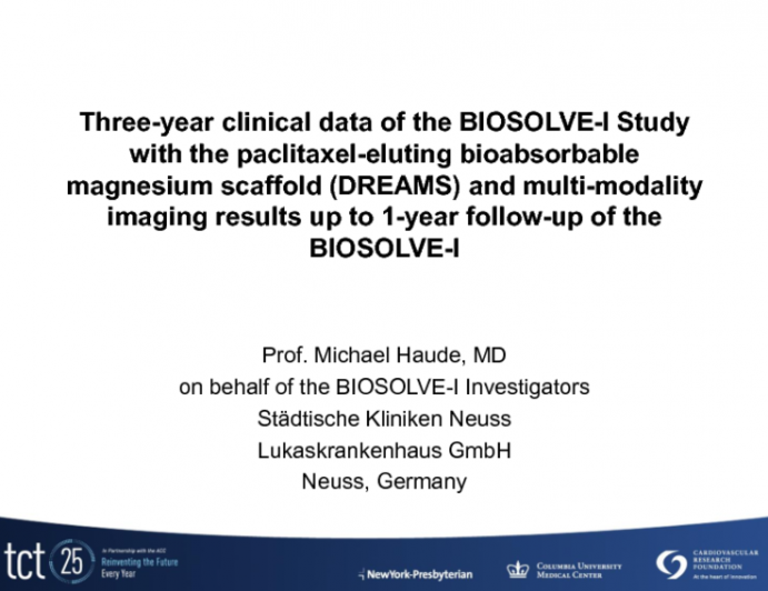 TCT-38. Three-year clinical data of the BIOSOLVE-I Study with the paclitaxel-eluting bioabsorbable magnesium scaffold (DREAMS) and multi-modality imaging analysis