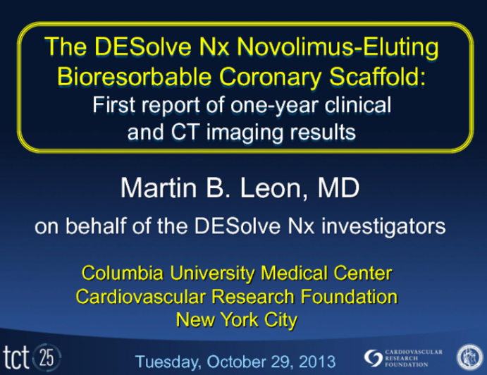 TCT-37. Prospective, Multi-Center Evaluation of the DESolve Nx Novolimus-Eluting Bioresorbable Coronary Scaffold: First Report of One Year Clinical and Imaging Outcomes