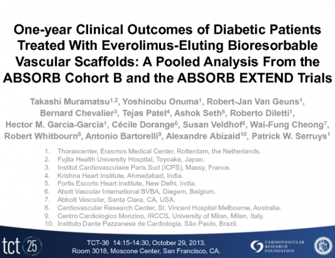 TCT-36. One-year Clinical Outcomes of Diabetic Patients Treated With Everolimus-Eluting Bioresorbable Vascular Scaffolds: A Pooled Analysis From the ABSORB Cohort B and the ABSO...