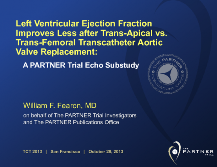 TCT-112. Left Ventricular Ejection Fraction Improves Less after Trans-Apical Transcatheter Aortic Valve Replacement Compared to a Trans-Femoral Approach
