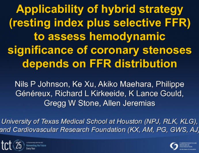 TCT-80. Applicability of hybrid strategy (resting index plus selective FFR) to assess hemodynamic significance of coronary stenoses depends on FFR distribution