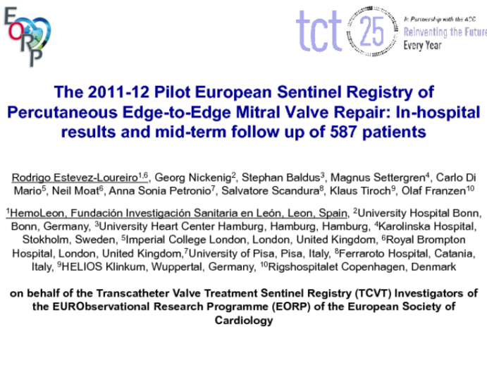 TCT-86. The 2011-12 Pilot European Sentinel Registry of Percutaneous Edge-to-Edge Mitral Valve Repair: In-hospital results and mid-term follow up of 587 patients