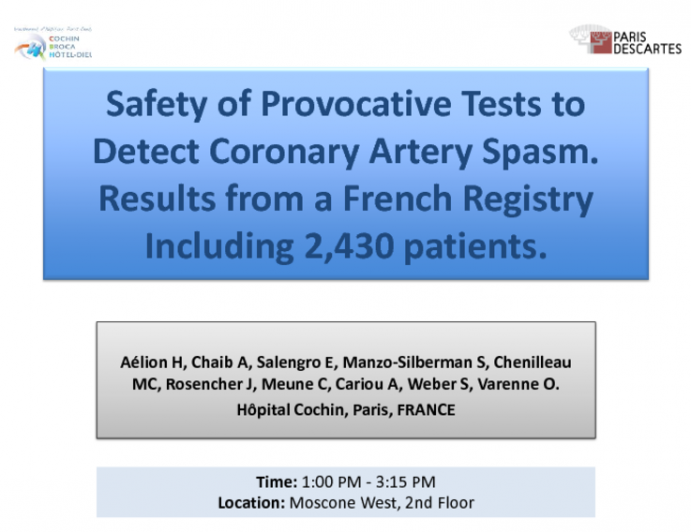 TCT-77. Safety of provocative tests to detect coronary artery spasm. Results from a French registry including 2,430 patients.