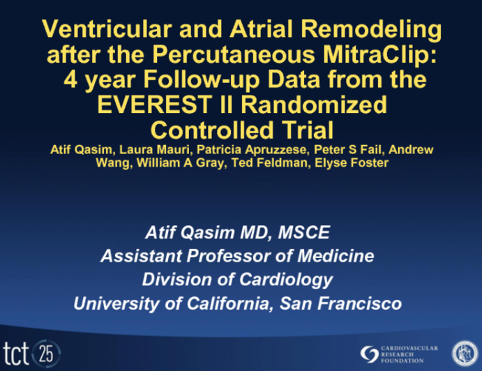 TCT-85. Ventricular and Atrial Remodeling after the Percutaneous MitraClip: 4 year Follow-up Data from the EVEREST II Randomized Controlled Trial