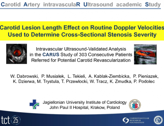 TCT-74. Carotid Lesion Length Effect on Routine Doppler Velocities Used to Determine Carotid Stenosis Cross-Sectional Severity: Intravascular Ultrasound-Validated Analysis in th...