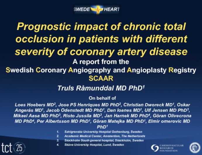 TCT-51. Prognostic impact of chronic total occlusion in patients with different severity of coronary artery disease - A report from the Swedish Coronary Angiography and...