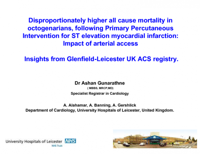 TCT-44. Impact of arterial access on all cause mortality in octogenarians, following Primary Percutaneous Intervention (PPCI) for ST elevation myocardial infarction (STEMI):...