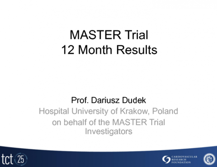 TCT-41. One-year Results From the MASTER Trial, a Prospective, Randomized, Multicenter Evaluation of an Embolic Protection Stent (MGuard) in Patients with STEMI Undergoing Prima...