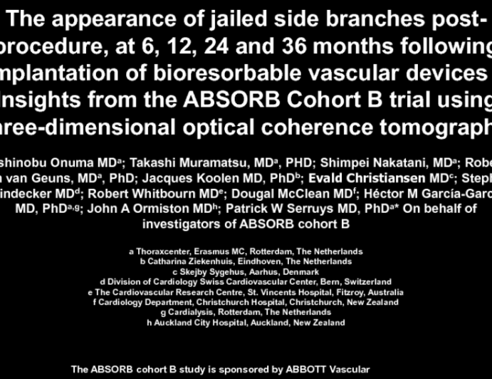 TCT-34. The appearance of jailed side branches post-procedure, at 6, 12, 24 and 36 months following implantation of bioresorbable vascular devices – Insights from the ABSORB...