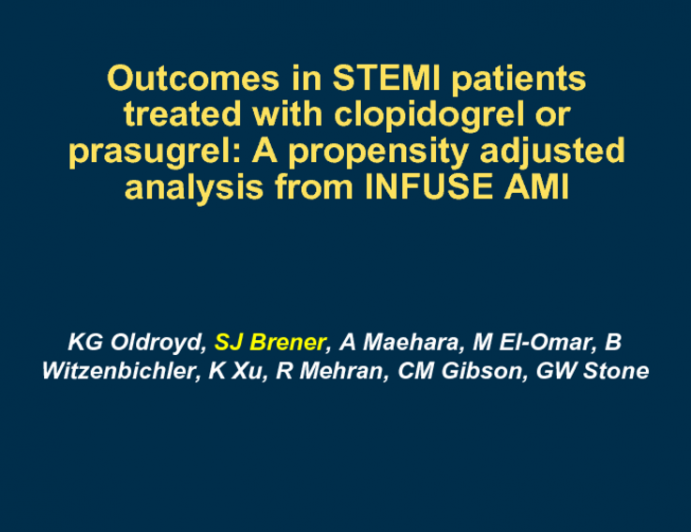 TCT-3. Outcomes in STEMI patients treated with clopidogrel or prasugrel: A propensity adjusted analysis from the INFUSE-AMI Trial