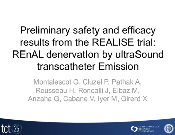 TCT-123. Preliminary safety and efficacy results from the REALISE trial: REnAL denervatIon by ultraSound transcatheter Emission