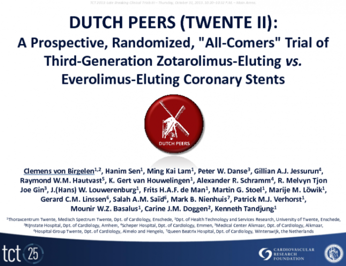 DUTCH PEERS (TWENTE II): A Prospective, Randomized, "All-Comers" Trial of Third-Generation Zotarolimus-Eluting Stents vs. Everolimus-Eluting Coronary Stents