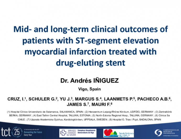TCT-45. Use of drug-eluting stent (DES) with bioresorbable polymer in patients with ST-segment elevation myocardial infarction (STEMI) - Mid- and long-term clinical outcomes