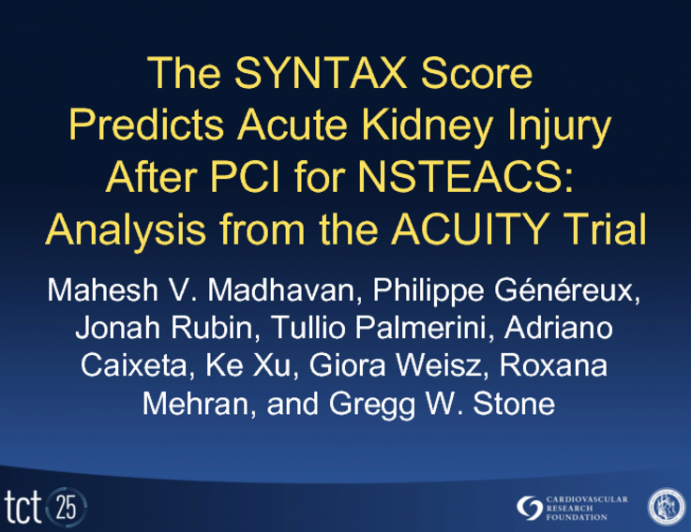 The SYNTAX Score Predicts Acute Kidney Injury After PCI for NSTEACS: Analysis from the ACUITY Trial
