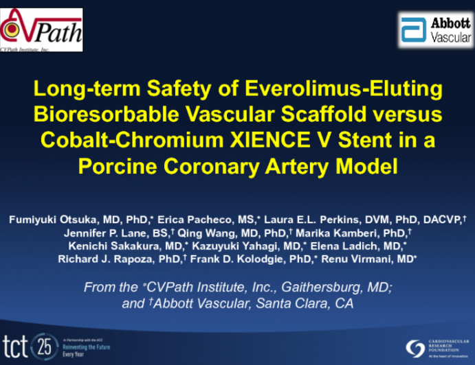 Long-term Safety of Everolimus-Eluting Bioresorbable Vascular Scaffold versus Cobalt-Chromium XIENCE V Stent in a Porcine Coronary Artery Model