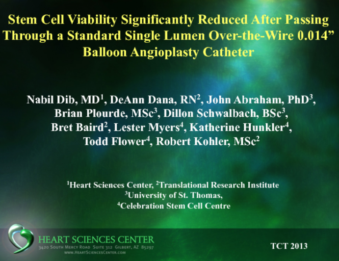 Stem Cell Viability Significantly Reduced After Passing Through a Standard Single Lumen Over-the-Wire 0.014' Balloon Angioplasty Catheter