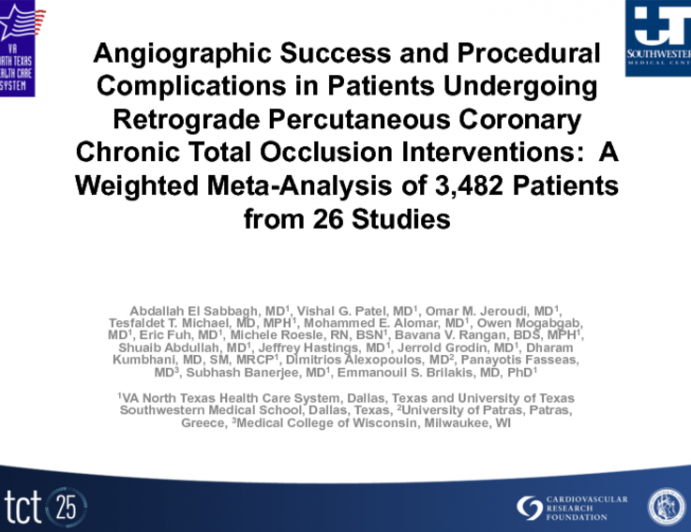 Angiographic Success and Procedural Complications in Patients Undergoing Retrograde Percutaneous Coronary Chronic Total Occlusion Interventions:  A Weighted Meta-Analysis of 3,482 Patients from 26...