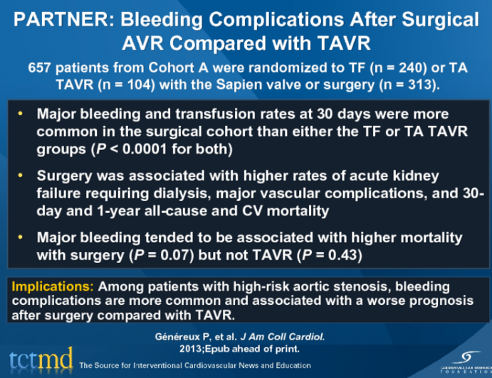 PARTNER: Bleeding Complications After Surgical AVR Compared with TAVR