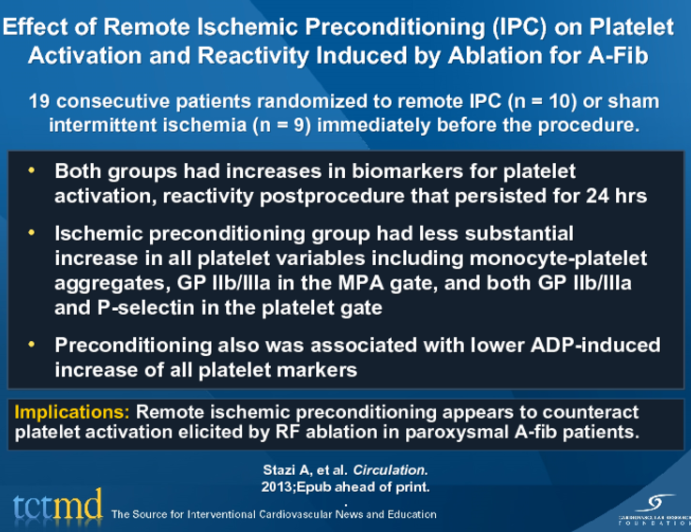 Effect of Remote Ischemic Preconditioning (IPC) on Platelet Activation and Reactivity Induced by Ablation for A-Fib
