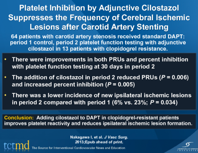 Platelet Inhibition by Adjunctive Cilostazol Suppresses the Frequency of Cerebral Ischemic Lesions after Carotid Artery Stenting