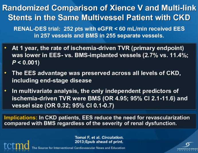 Randomized Comparison of Xience V and Multi-link  Stents in the Same Multivessel Patient with CKD