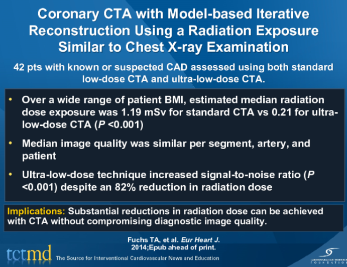Coronary CTA with Model-based Iterative Reconstruction Using a Radiation Exposure Similar to Chest X-ray Examination