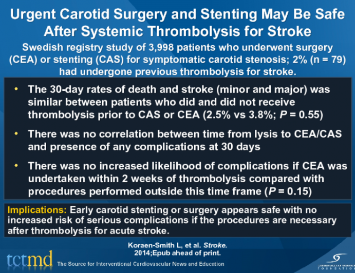 Urgent Carotid Surgery and Stenting May Be Safe After Systemic Thrombolysis for Stroke