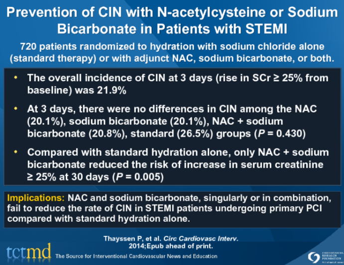 Prevention of CIN with N-acetylcysteine or Sodium Bicarbonate in Patients with STEMI