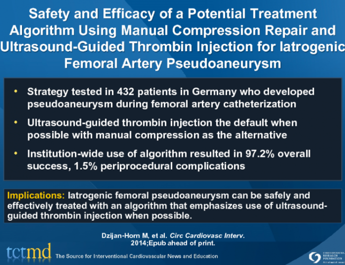 Safety and Efficacy of a Potential Treatment Algorithm Using Manual Compression Repair and Ultrasound-Guided Thrombin Injection for Iatrogenic Femoral Artery Pseudoaneurysm
