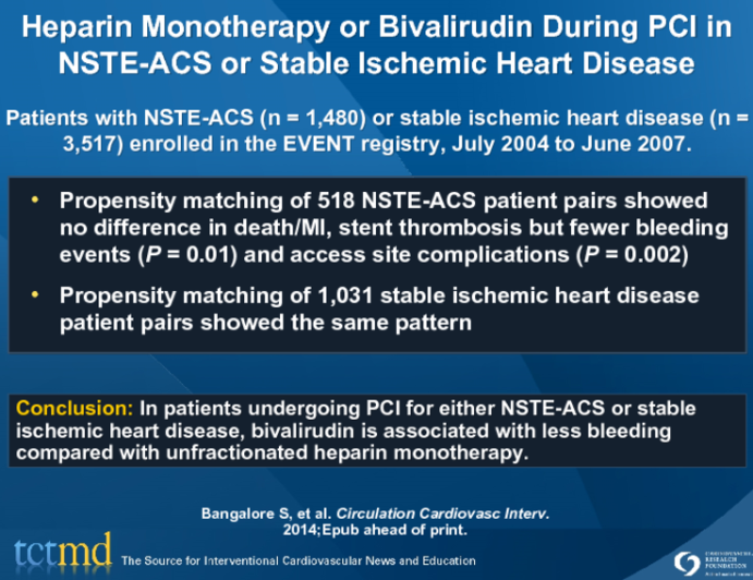 Heparin Monotherapy or Bivalirudin During PCI in NSTE-ACS or Stable Ischemic Heart Disease