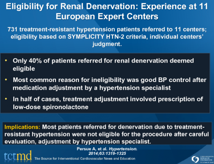 Eligibility for Renal Denervation: Experience at 11 European Expert Centers