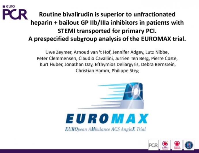 Routine bivalirudin is superior to unfractionated heparin + bailout GP IIb/IIIa inhibitors in patients with STEMI transported for primary PCI: A prespecified subgroup analysis of the EUROMAX trial