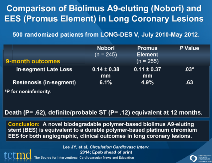 Comparison of Biolimus A9-eluting (Nobori) and EES (Promus Element) in Long Coronary Lesions