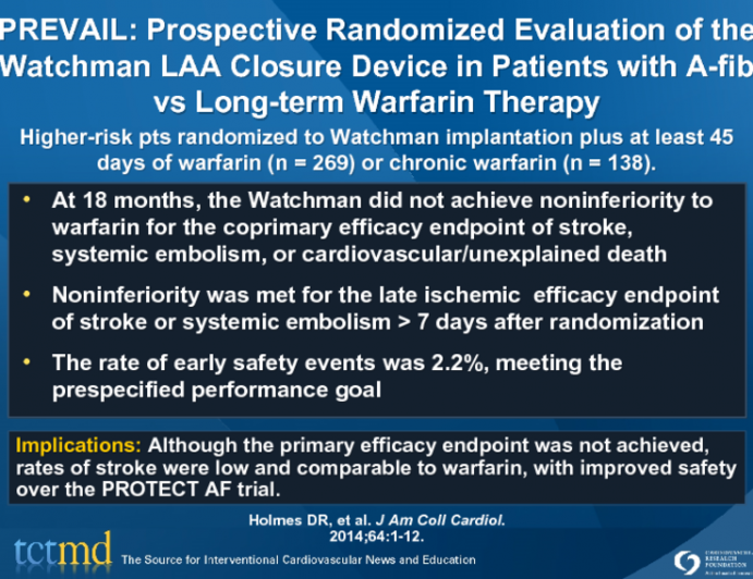 PREVAIL: Prospective Randomized Evaluation of the Watchman LAA Closure Device in Patients with A-fib vs Long-term Warfarin Therapy