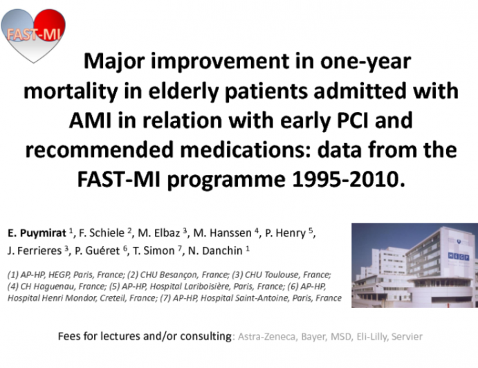 Major improvement in one-year mortality in elderly patients admitted with AMI in relation with early PCI and recommended medications: data from the FAST-MI programme 1995-2010