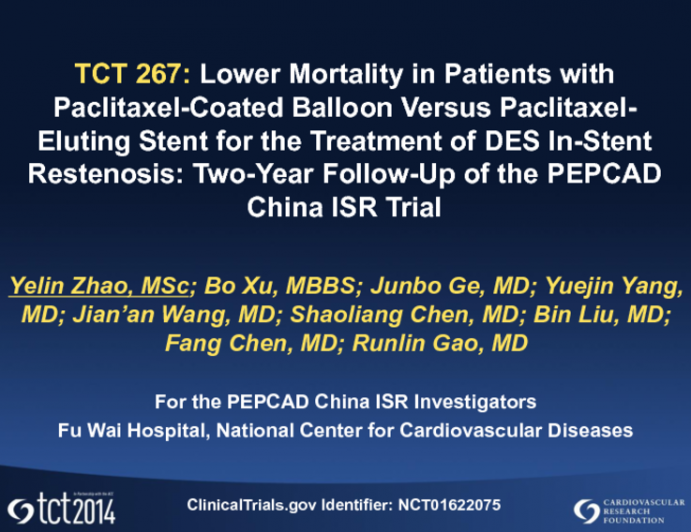 TCT 267: Lower Mortality of Paclitaxel-Coated Balloon Compared with Paclitaxel-Eluting Stent for the Treatment of DES In-Stent Restenosis: Two-Year Follow-up of the PEPCAD China ISR Trial