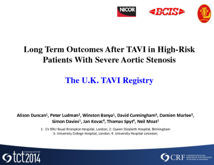 TCT 689: Three- and Five-Year Outcomes after Transcatheter Aortic Valve Implantation in High-Risk Patients with Severe Aortic Stenosis: The U.K. TAVI (United Kingdom Aortic Valve Implantation) Registry