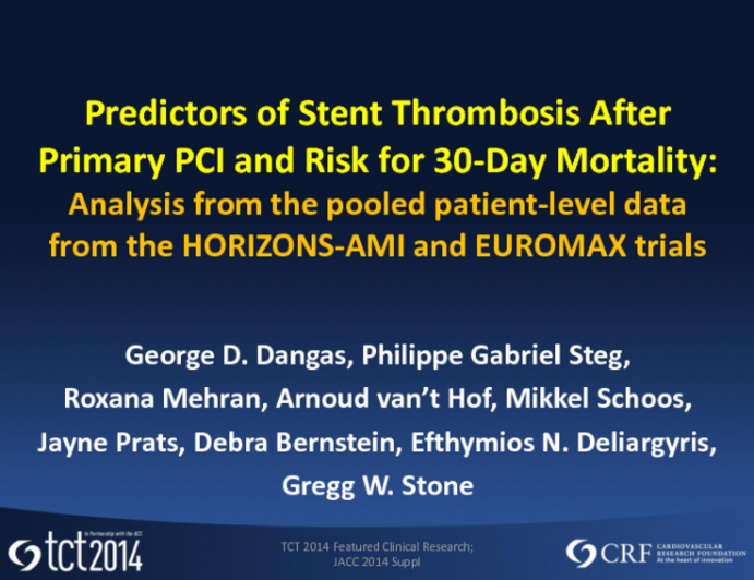 HORIZONS-AMI and EUROMAX Stent Thrombosis: Predictors of Stent Thrombosis and Risk for 30-Day Mortality After Primary Percutaneous Coronary Intervention in Acute Myocardial Infarction