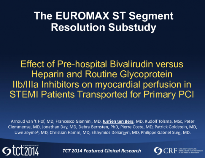 EUROMAX STR: ST-Segment Resolution Analysis in Patients with ST-Segment Elevation Myocardial Infarction Randomized to Prehospital Bivalirudin Versus Heparin Plus a Routine Glycoprotein IIb/IIIa Inhibitor Prior to Primary Percutaneous Coronary Intervention