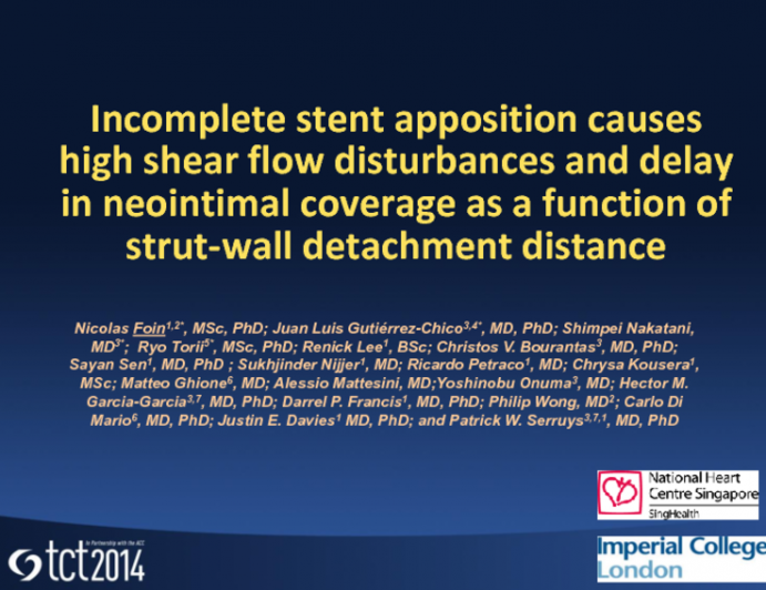 TCT 365: Incomplete Stent Apposition Causes High Shear Flow Disturbances and Delay in Neointimal Coverage as a Function of Strut-to-Wall Detachment Distance