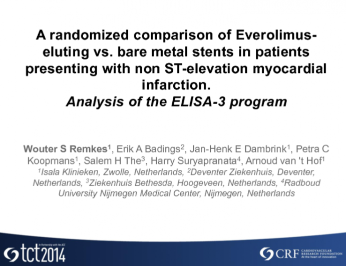 TCT 3: A Randomized Comparison of Drug-Eluting vs Bare Metal Stenting in Patients with Non-ST Elevation Myocardial Infarction: Results of the ELISA-3 Angiographic Substudy