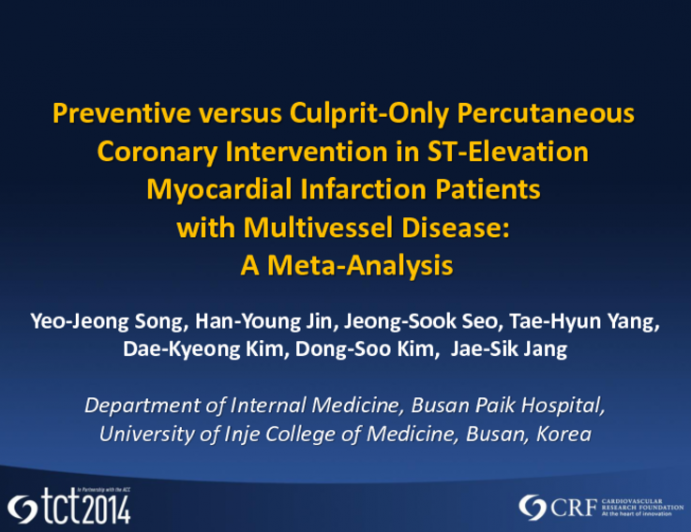 TCT 14: Preventive Versus Culprit-Only Percutaneous Coronary Intervention in ST Elevation Myocardial Infarction Patients with Multivessel Disease: A Meta-analysis